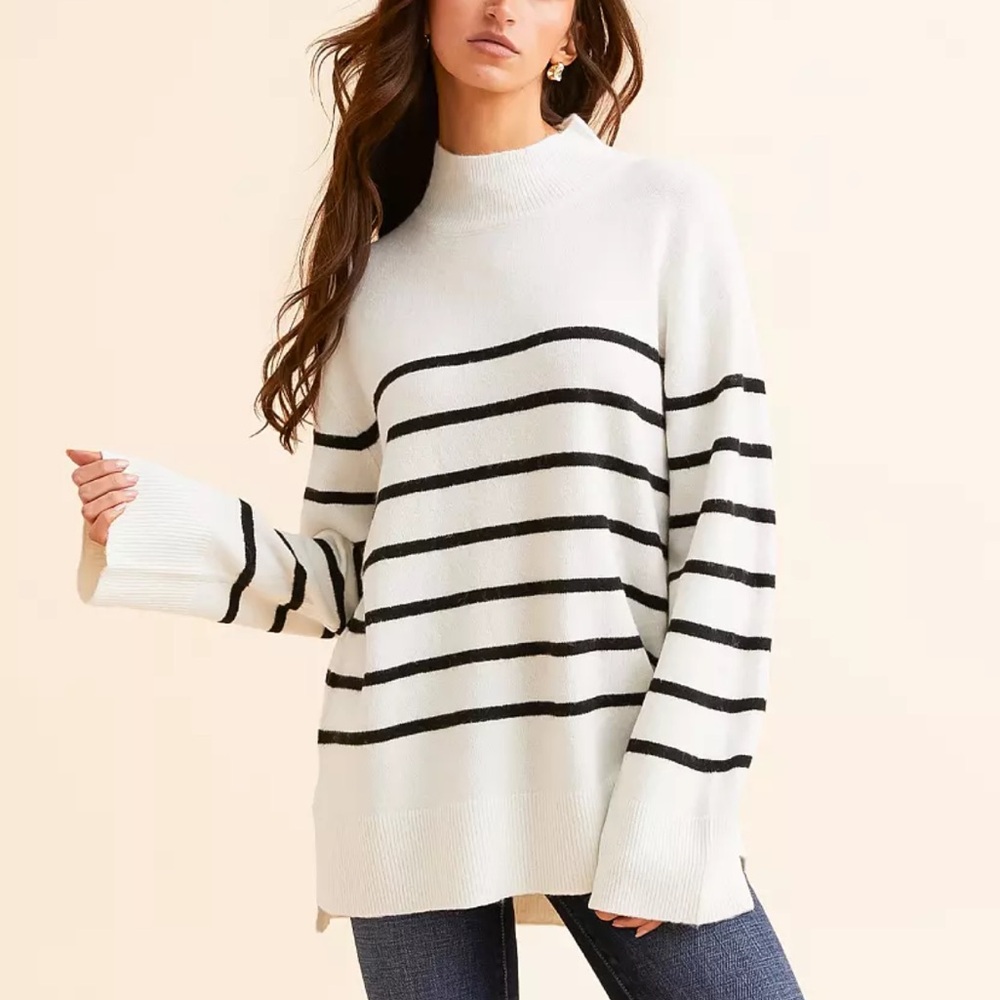 Z Supply Finn Cream and Black Striped Crewneck Sweater NWT Size Large